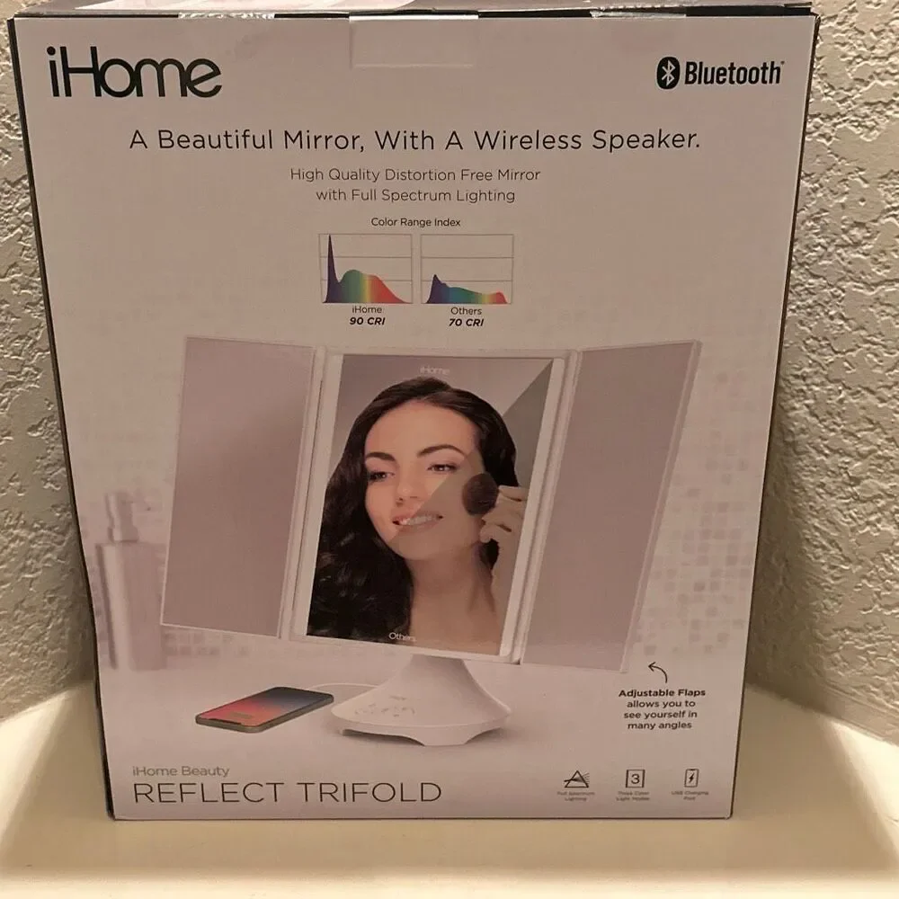 iHome Vanity Mirror With Bluetooth Speaker White Trifold Light Up Makeup New Box